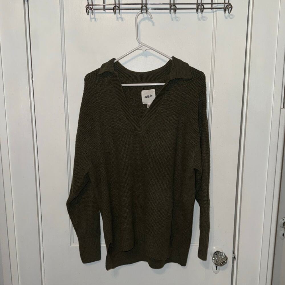 New Aerie Collared V Neck Oversized Knit Sweater Green Women's size S